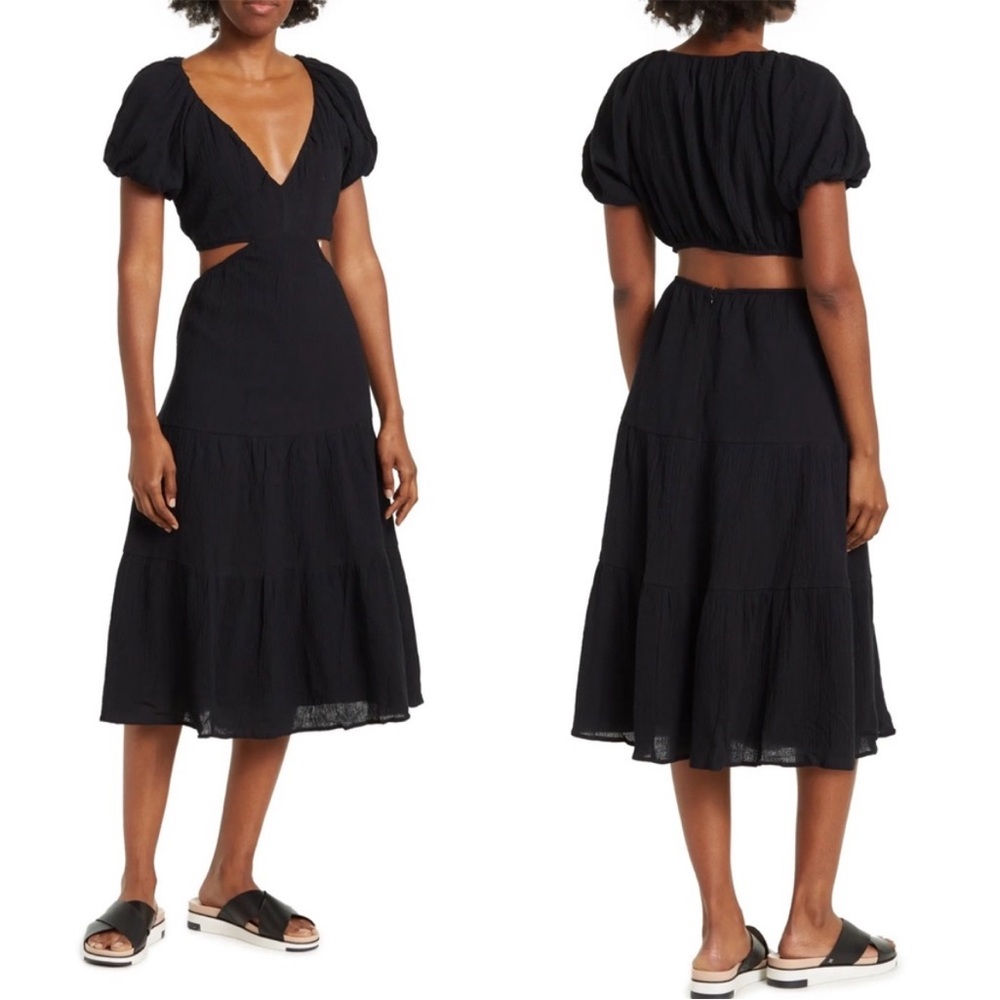 ASTR the Label Puff Sleeve Cutout Gauze Midi Dress Size M
